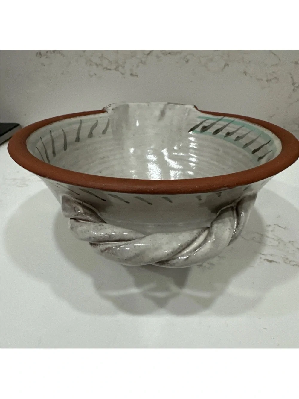Hand Thrown Art Studio Stoneware Pottery Bowl W/ Pinched Pour Spout Signed Pears
